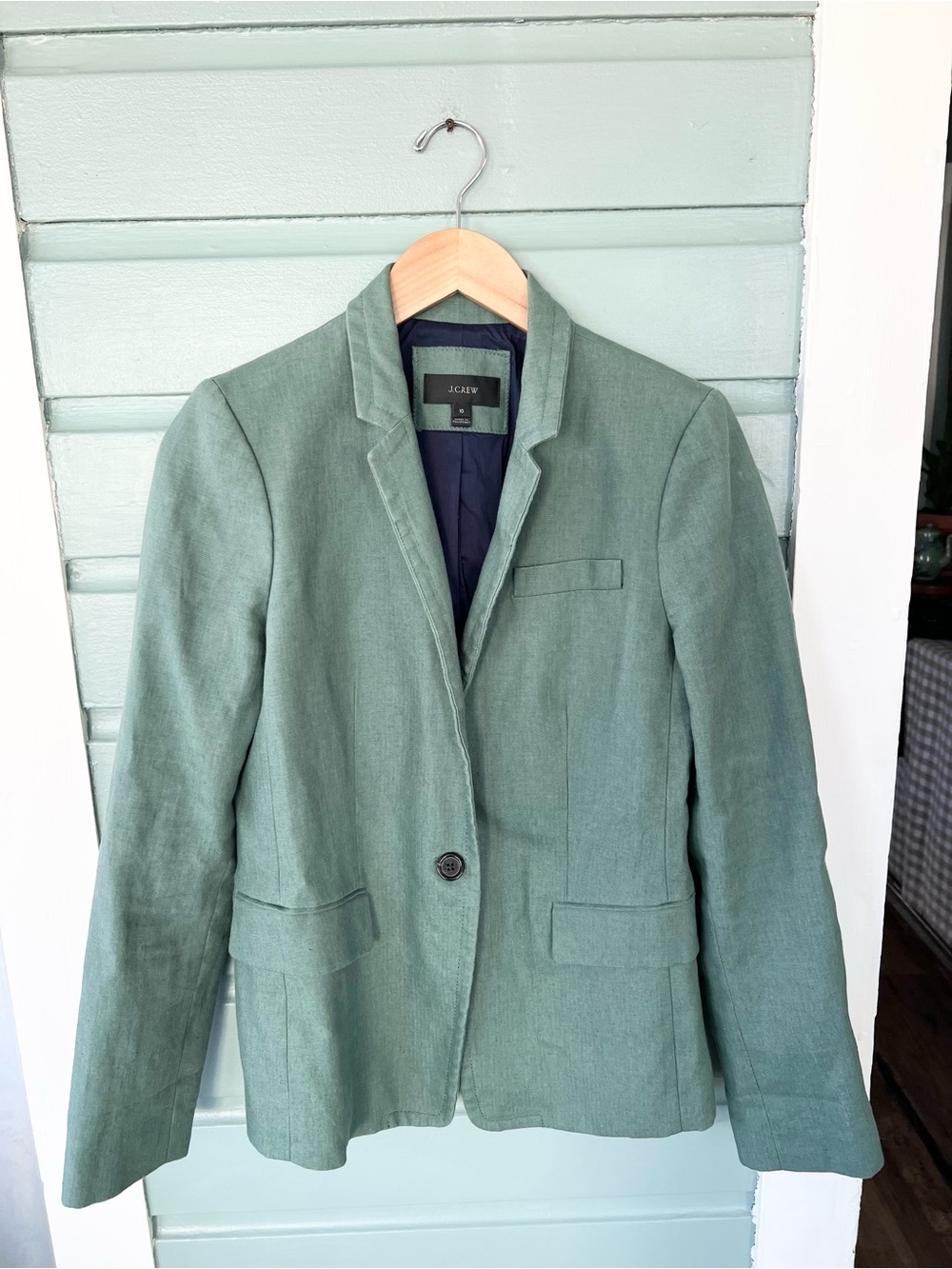 J crew regent blazer 100% linen teal green one button office work interview 10